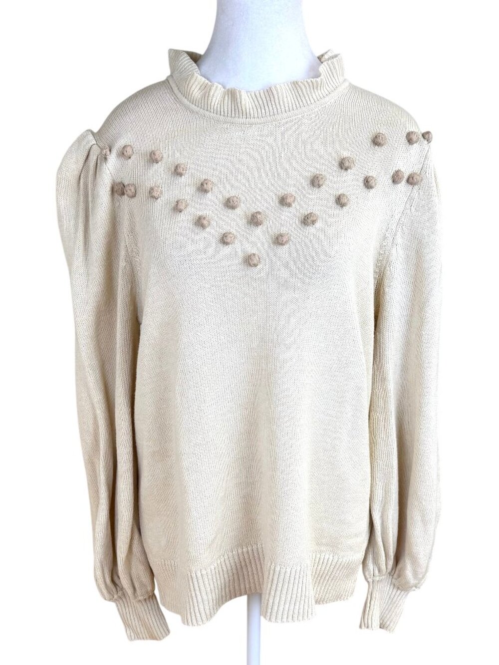 Summersalt Pom Pom Sweater Beige Ivory Dune Cotton Wool Puff Sleeves Ruffle (L)
